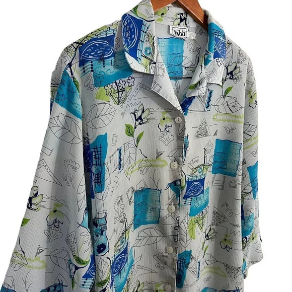 Nikki Button Up Collared Blouse Off White Blue Green Flower Leaf All Over Print - Picture 4 of 9